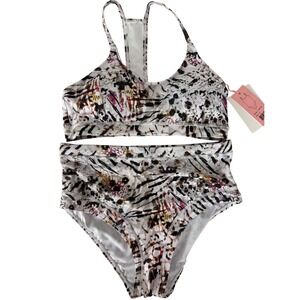 Emme Jordan Womens Abstract Animal Print High Waist Bikini Set LSW-42 Small NEW
